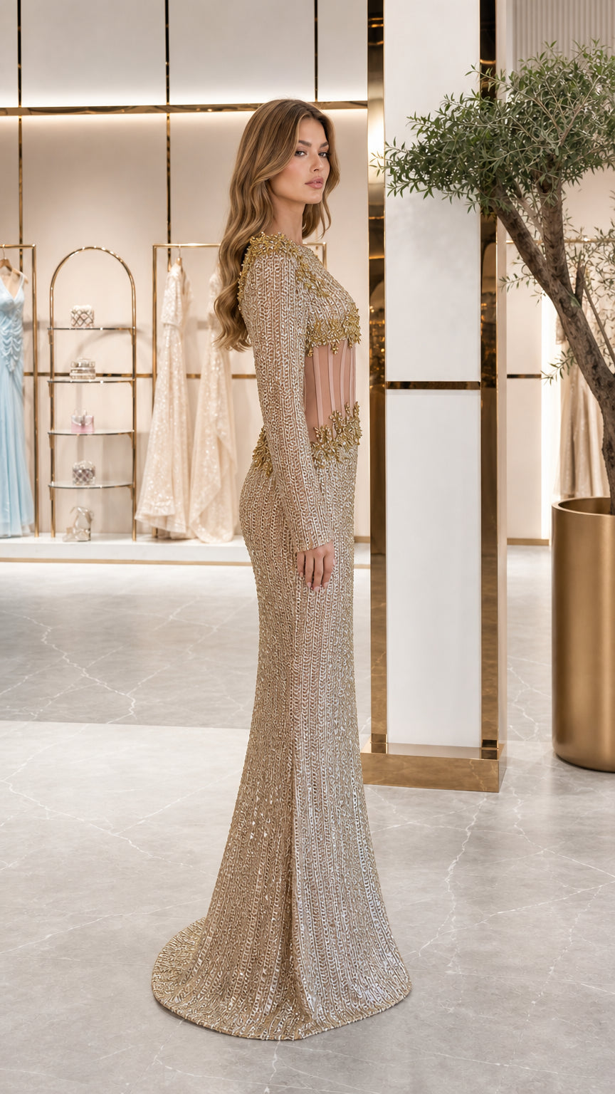 Side profile of woman in champagne gold floor-length sequin evening dress