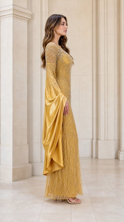 Gold long sleeve embellished formal maxi dress - side view