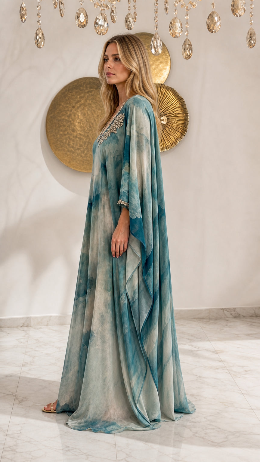 Teal Blue watercolor draped kaftan dress side profile