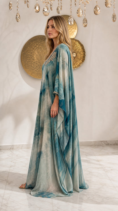Teal Blue watercolor draped kaftan dress side profile