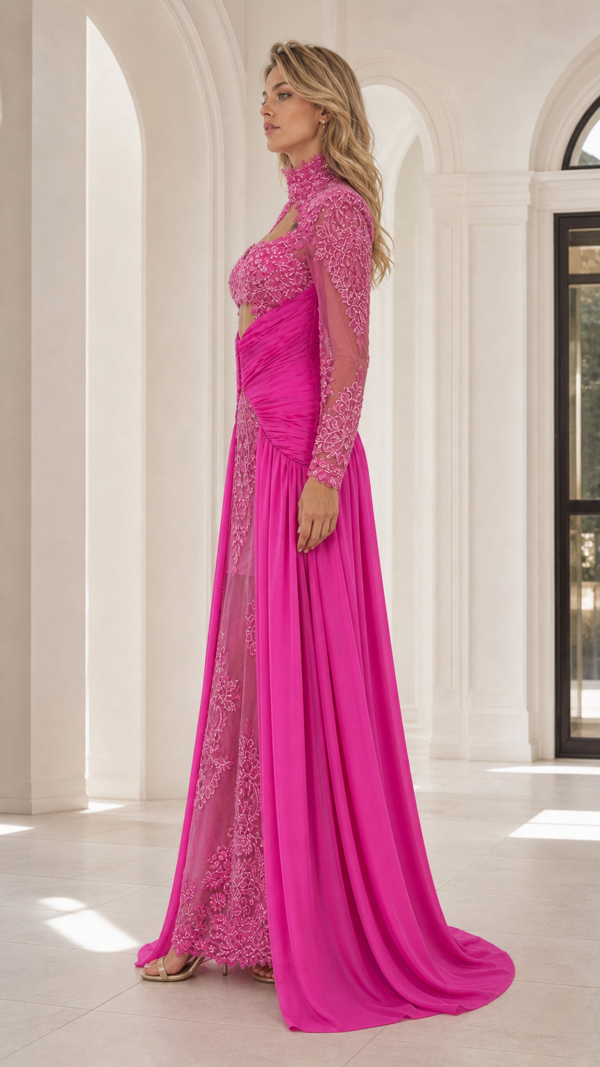 Side profile view of fuchsia pink formal evening gown showcasing layered chiffon train