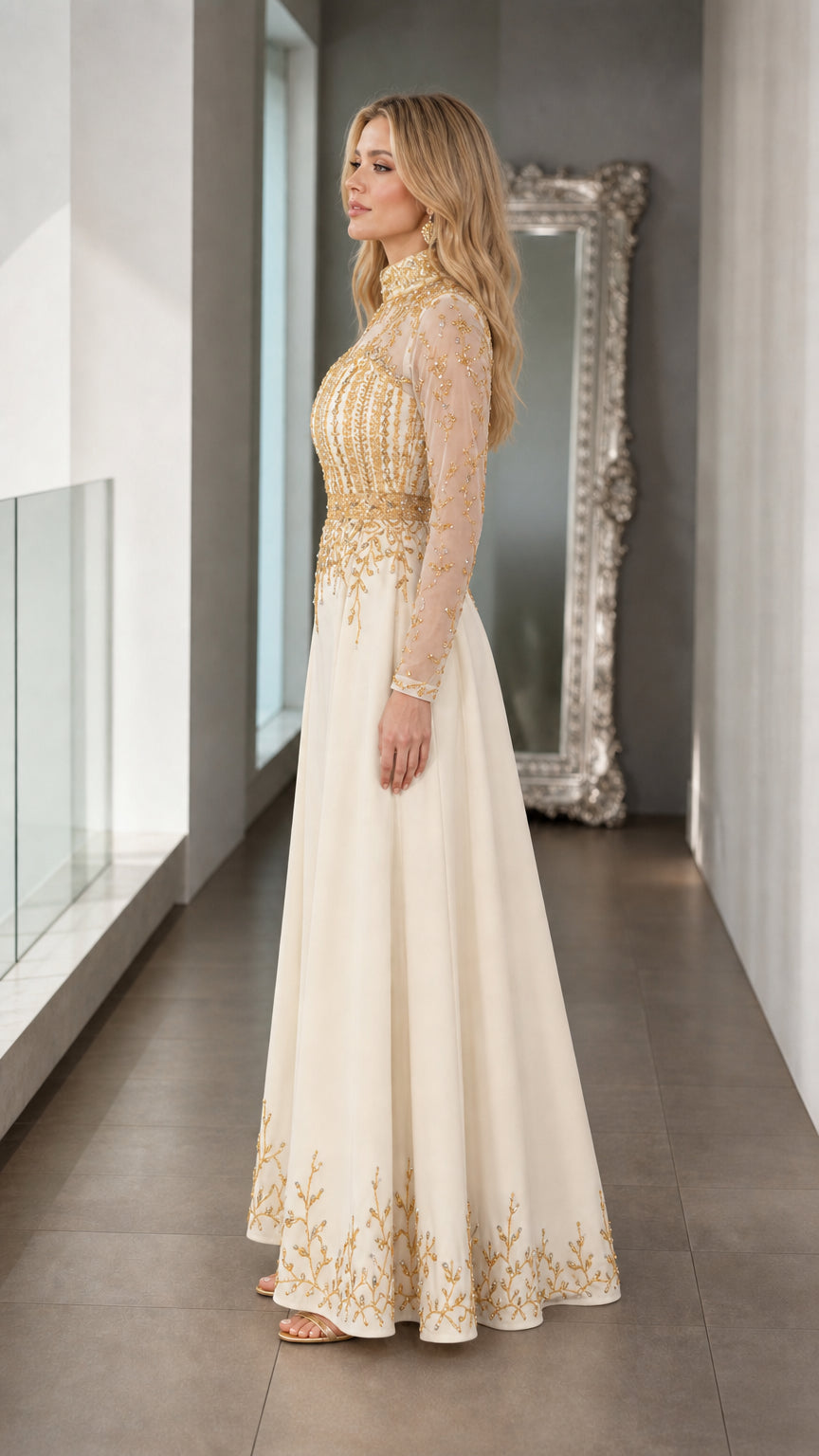 Side profile of ivory sequin embroidered high neck evening palazzo jumpsuit