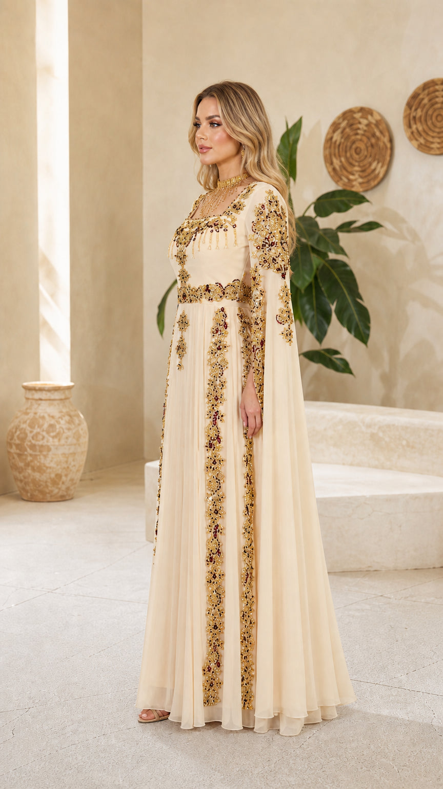 Side profile of model in elegant champagne embroidered cape dress