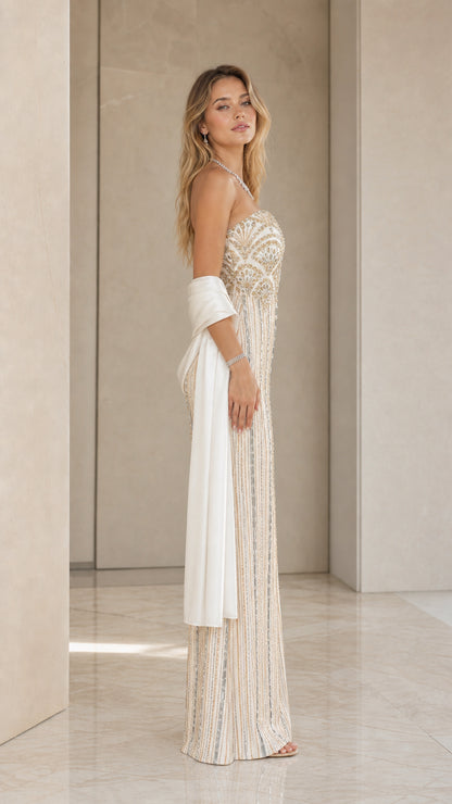 Champagne beaded formal column dress - side view