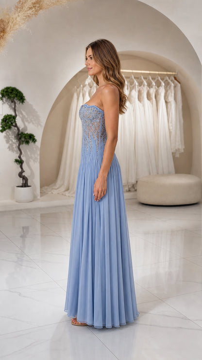 Side profile view of Light Blue strapless embellished corset formal dress