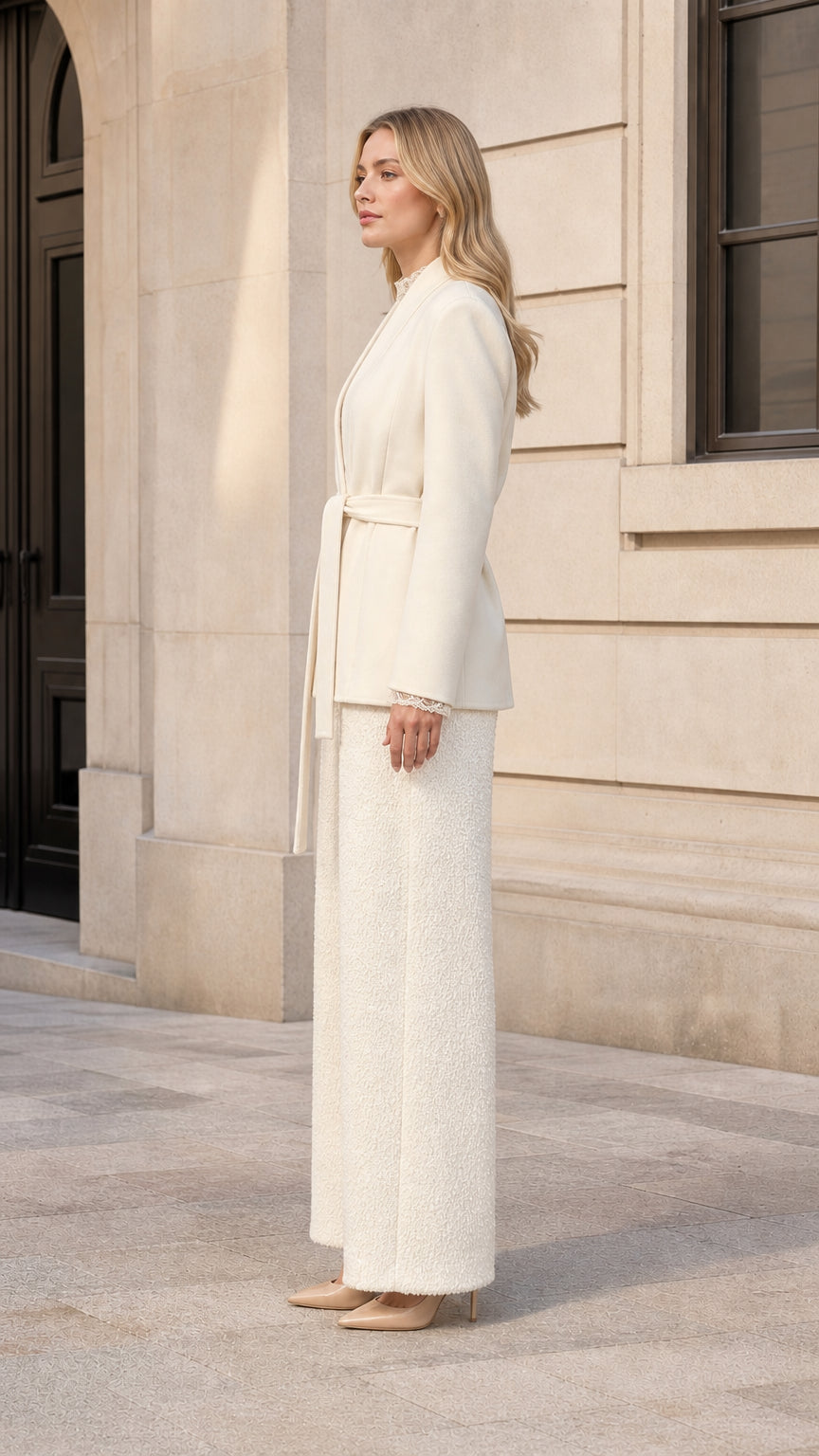 Side profile view of cream tie-waist blazer showing tailored cut and sleeve length