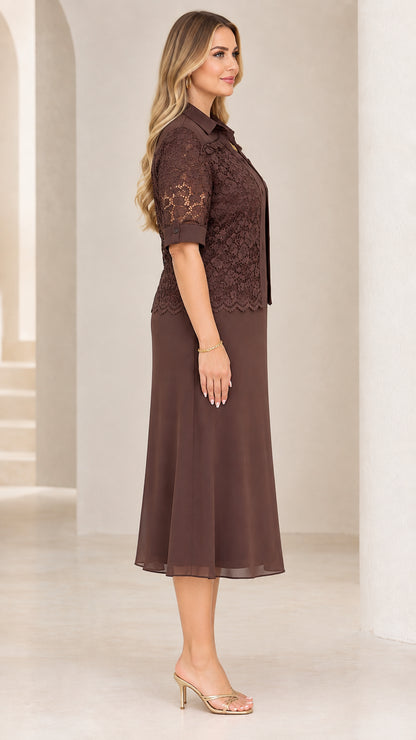 Chocolate Brown formal midi dress and lace jacket side profile