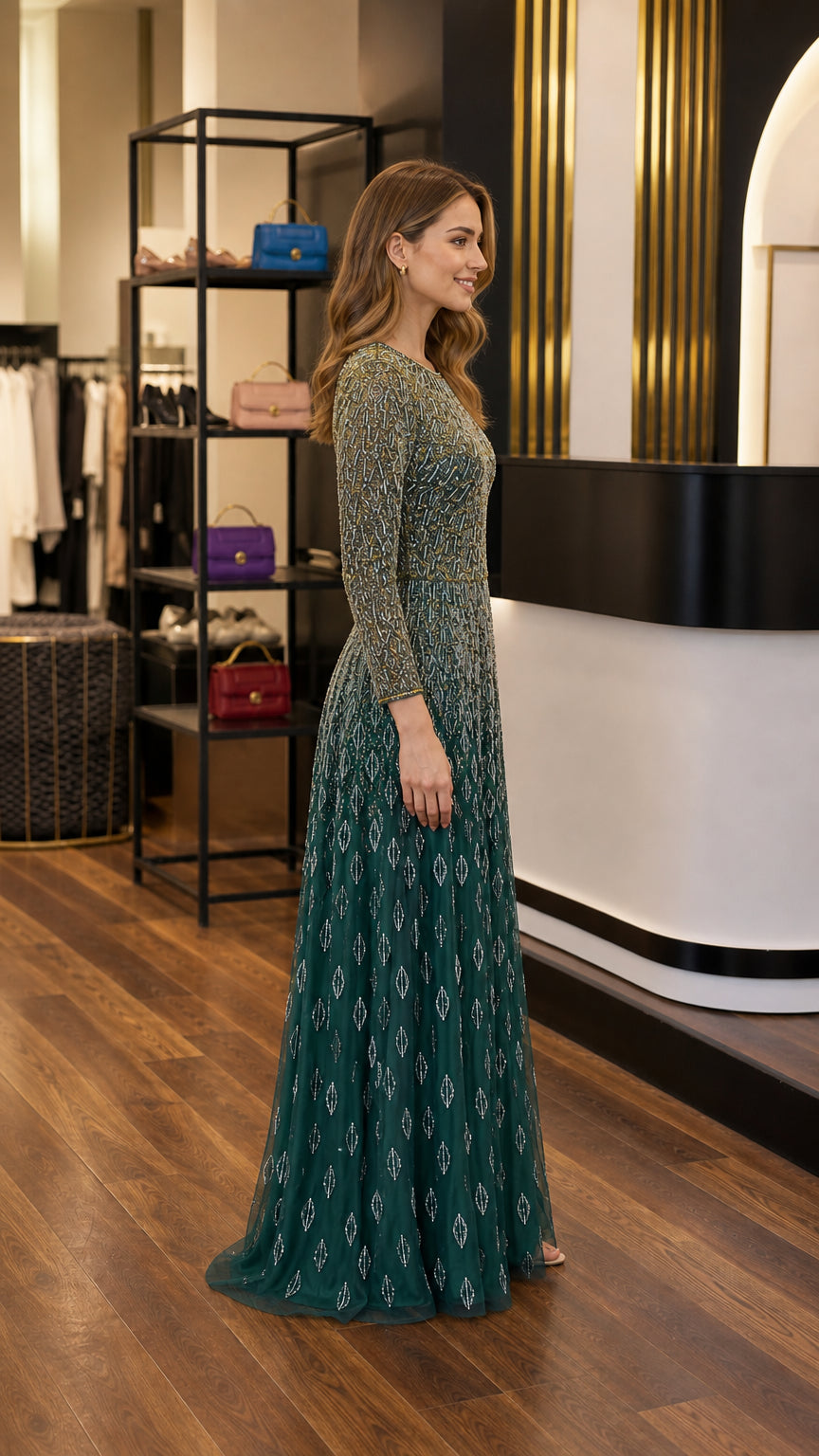 Side profile of emerald green embellished floor-length formal dress