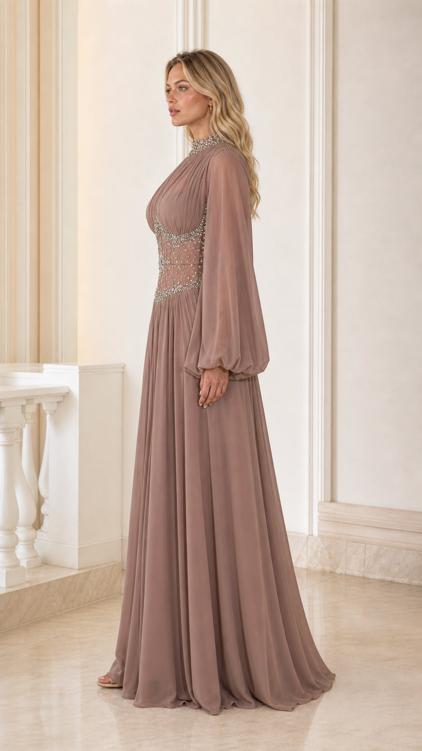 Side profile of Dusty Mauve chiffon maxi evening gown with sheer balloon sleeves