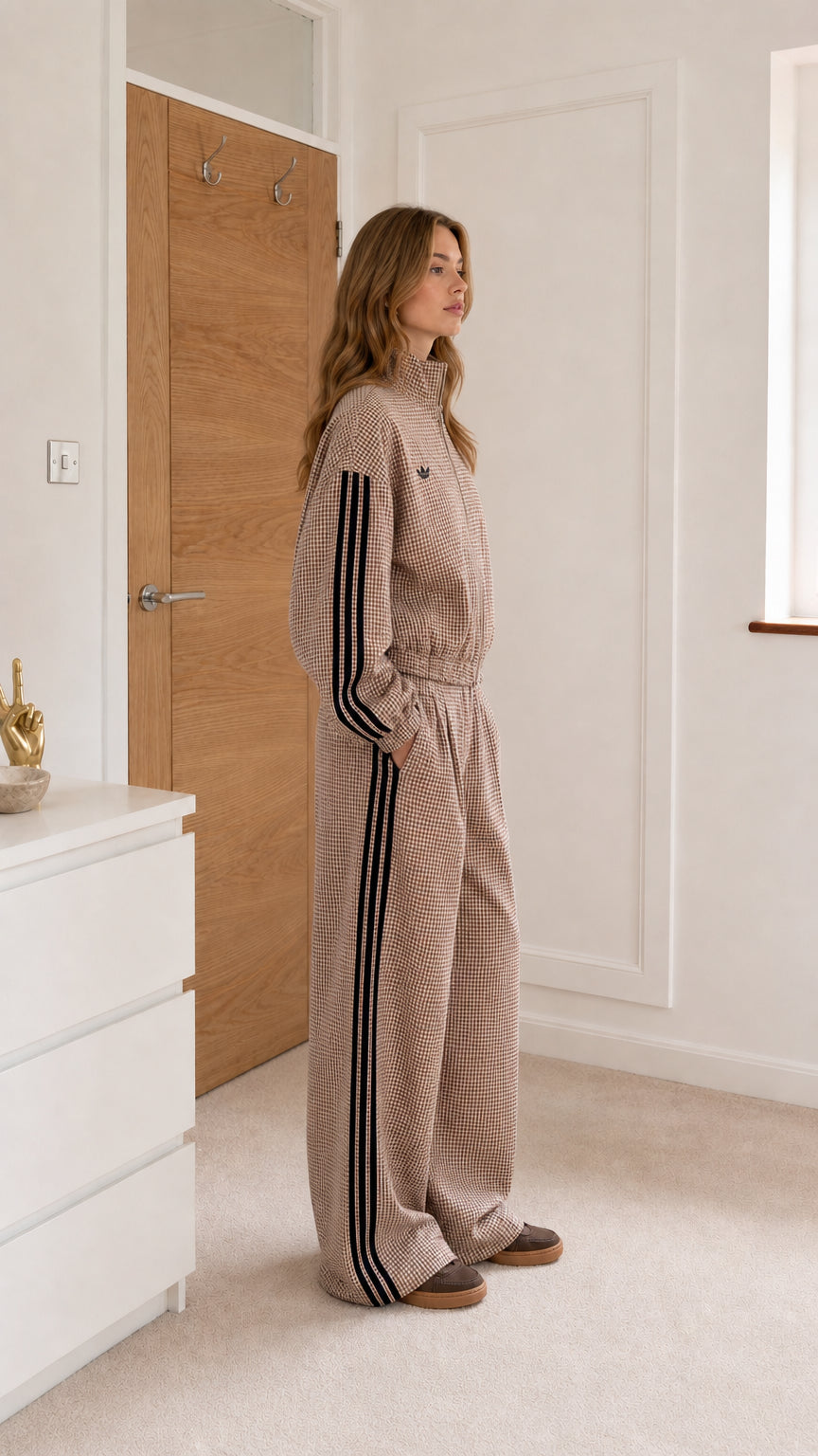 Taupe gingham jumpsuit shown from the side with wide-leg fit and striped sleeves