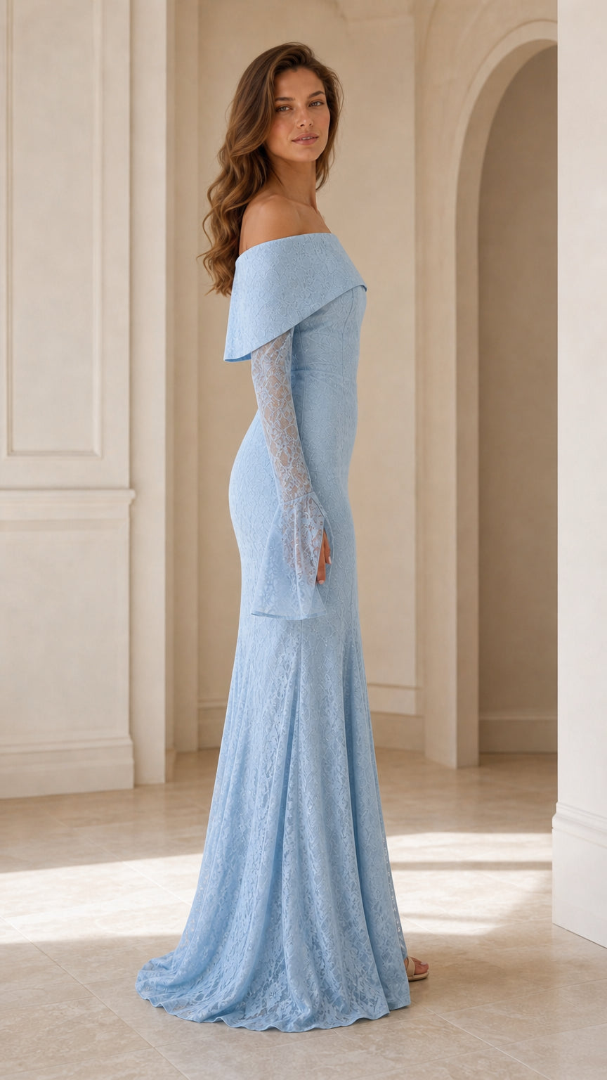 Side profile view of Light Blue off-the-shoulder lace maxi dress