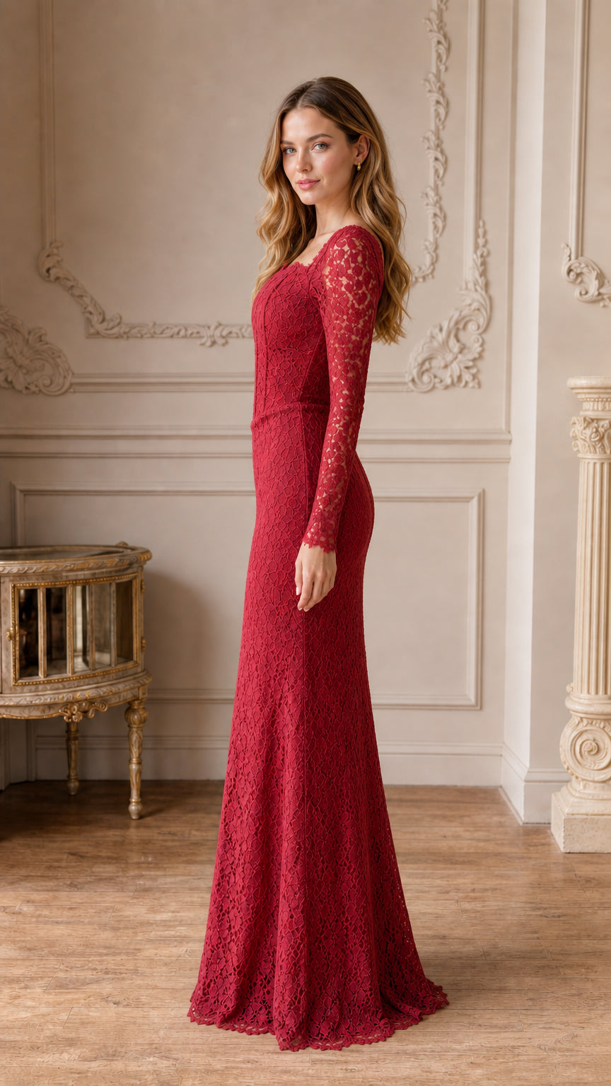 Side profile view of burgundy long sleeve lace formal evening dress