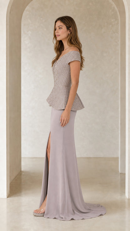 Side profile of model wearing dusty lilac beaded peplum formal maxi dress