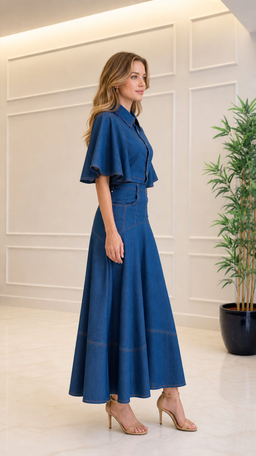 Side profile of model wearing denim blue button-down maxi dress with flutter sleeves
