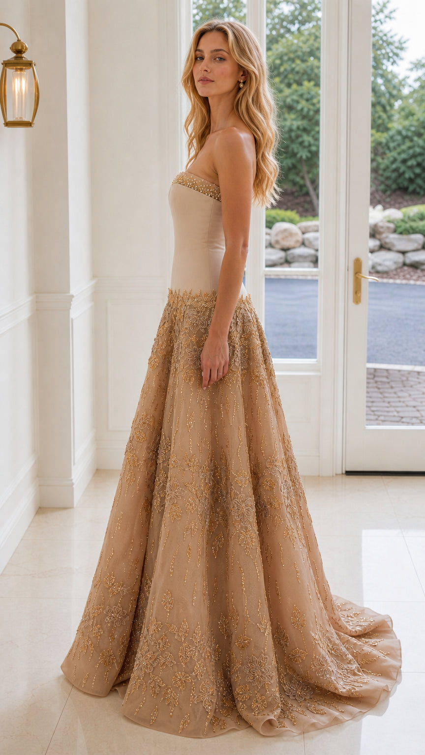 Side view of Champagne strapless beaded A-line formal gown