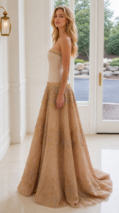 Side view of Champagne strapless beaded A-line formal gown