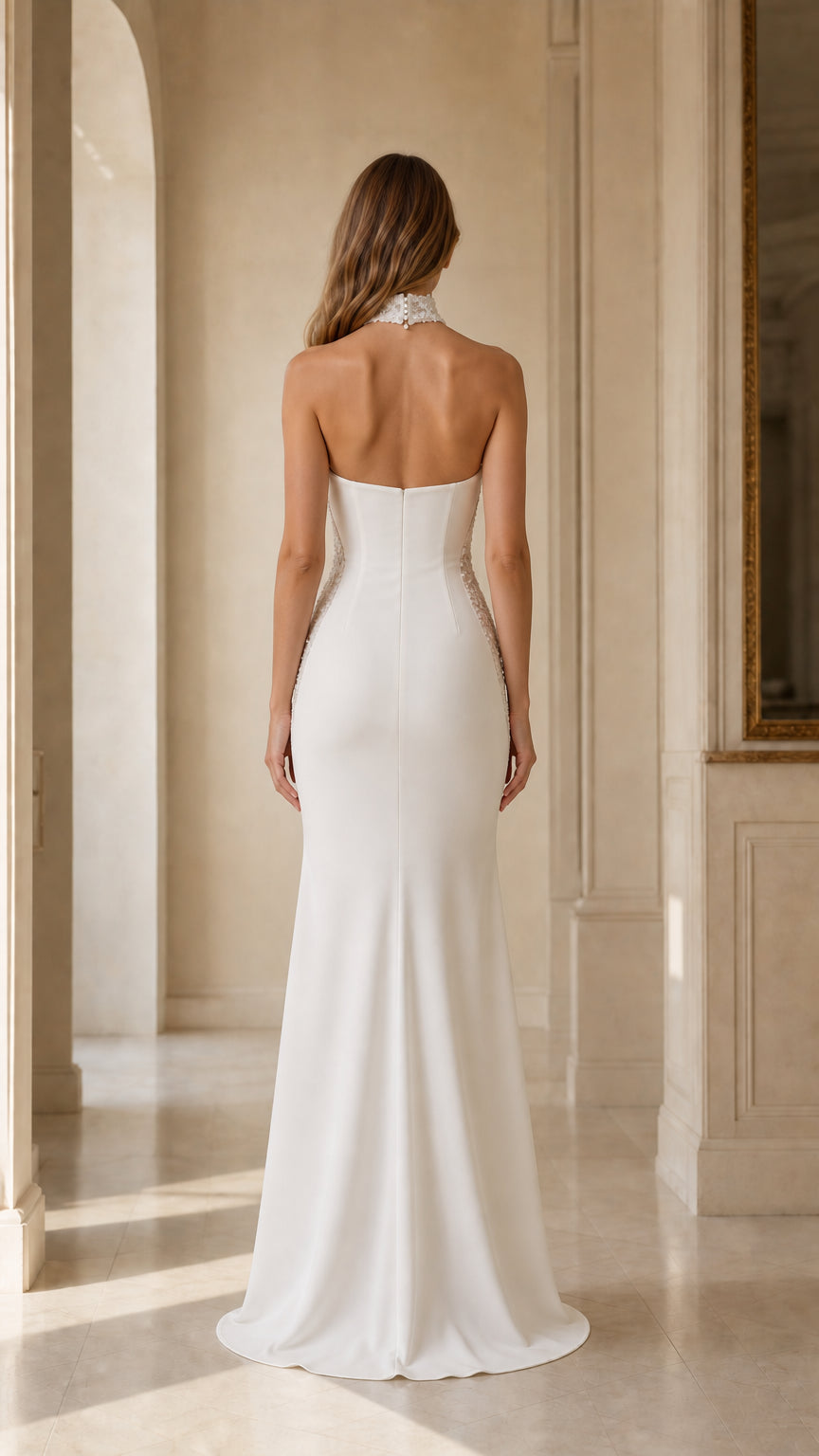 Back view of woman showing open back detail of white halter mermaid gown