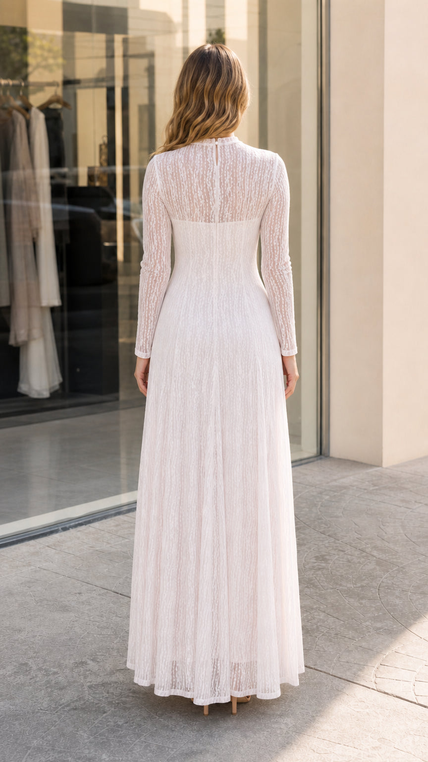 Back view of the Ivory White lace maxi dress showing zipper and sheer back detailing