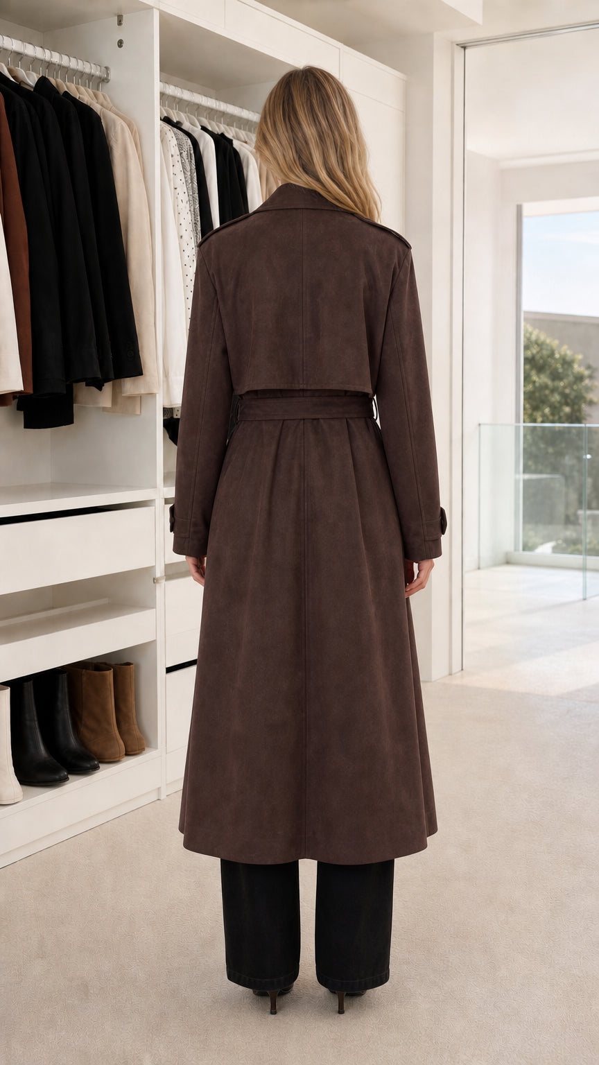 Back view of chocolate brown faux suede maxi trench coat with back flap detail