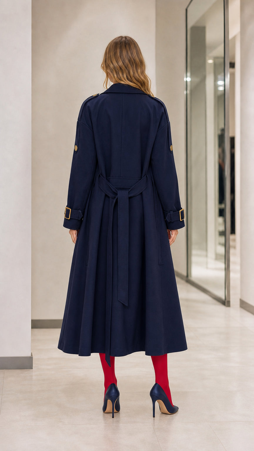 Back view of Navy Blue long trench coat showing tied waist belt