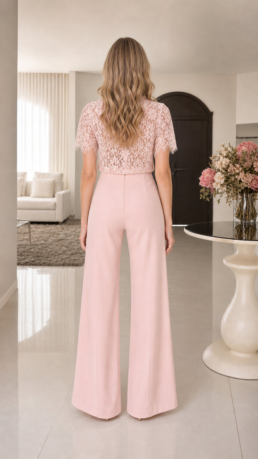 Blush Pink lace wide-leg jumpsuit - back view