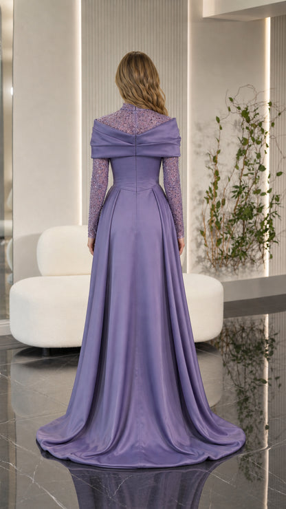 Back view of model in lavender high neck evening gown showing flowing satin skirt