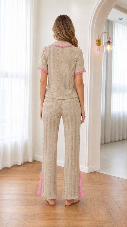 Back view of women's beige knit pajama set with lace accents