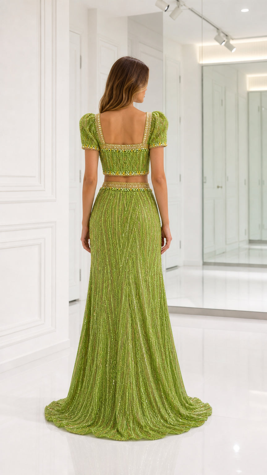 Back view of olive green two-piece maxi gown showing square back and sweep train