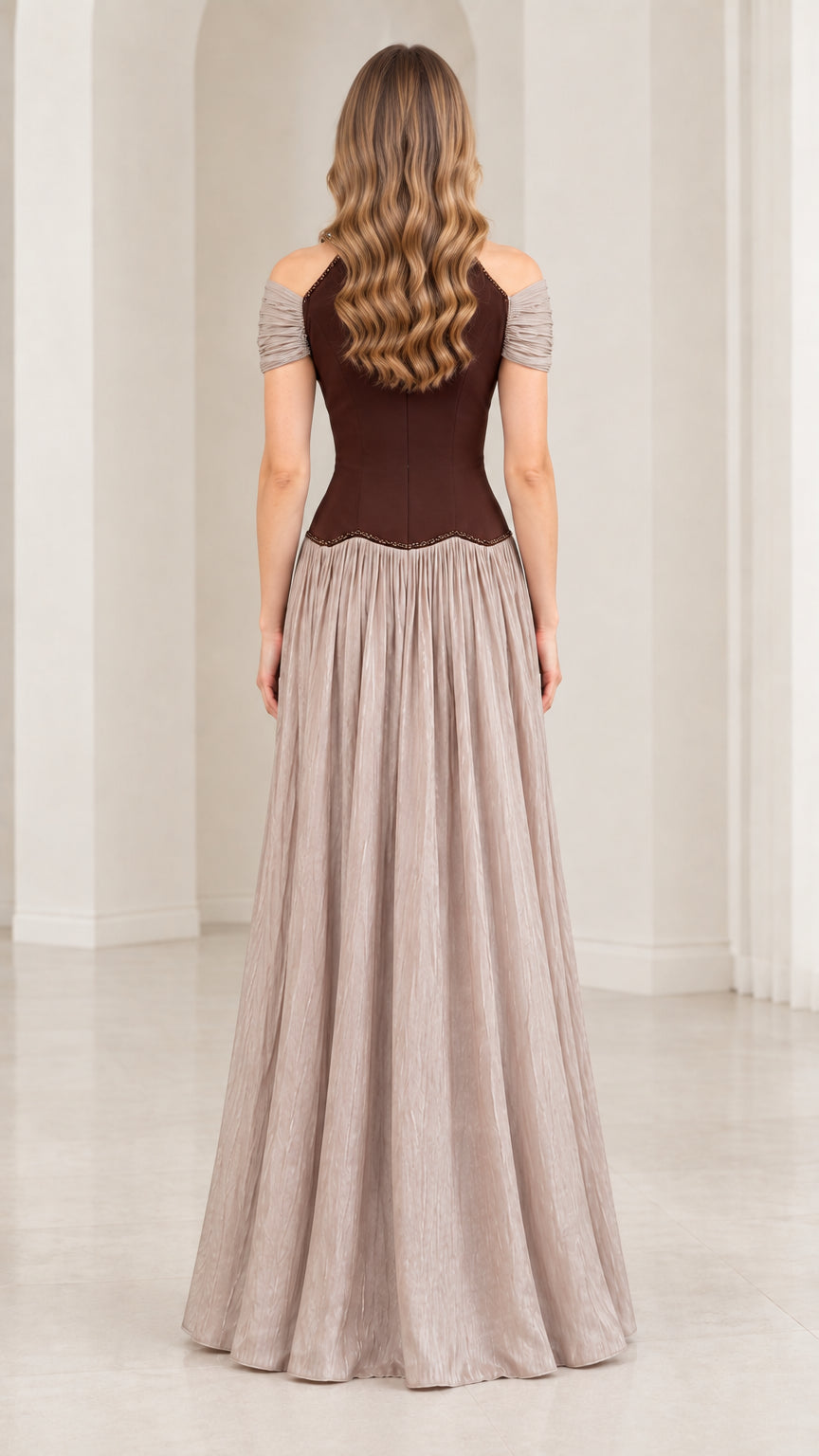 Back view of chocolate brown cold shoulder maxi dress with ruched sleeves