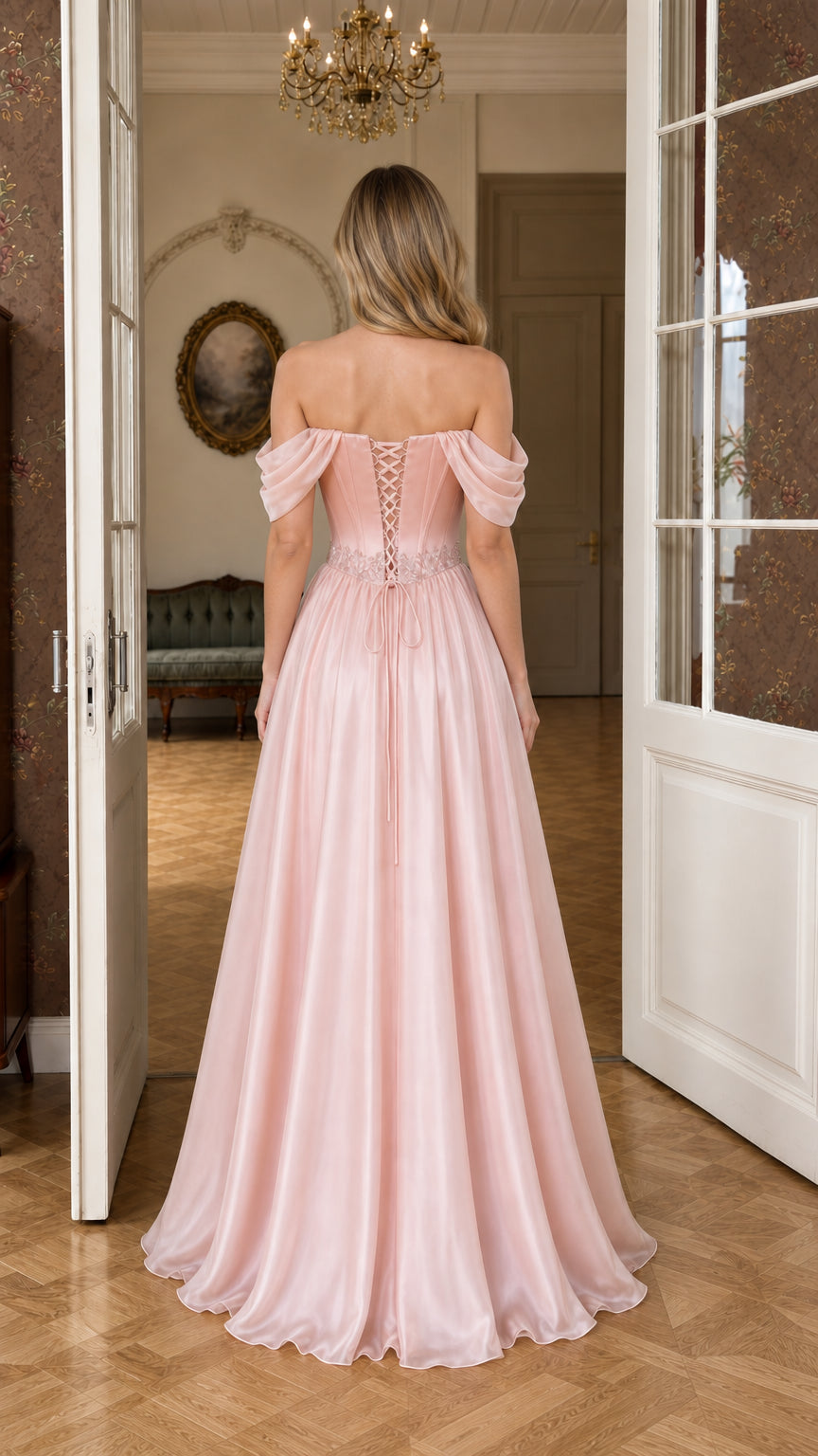 Blush Pink evening dress showing lace-up corset back detail