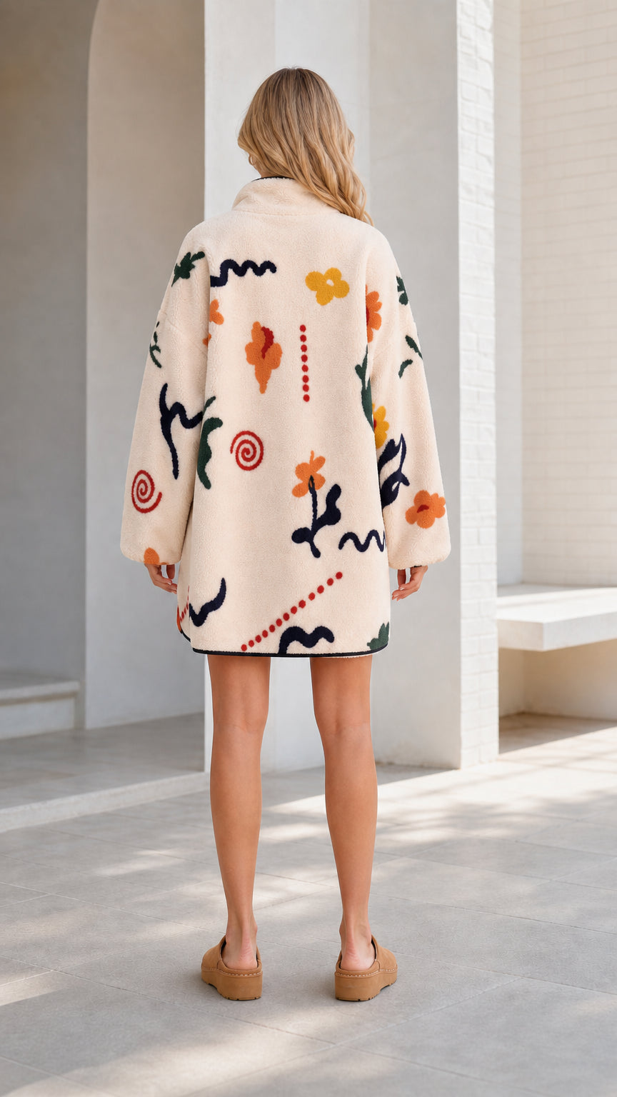 Back view of the cream floral fleece zip-up jacket