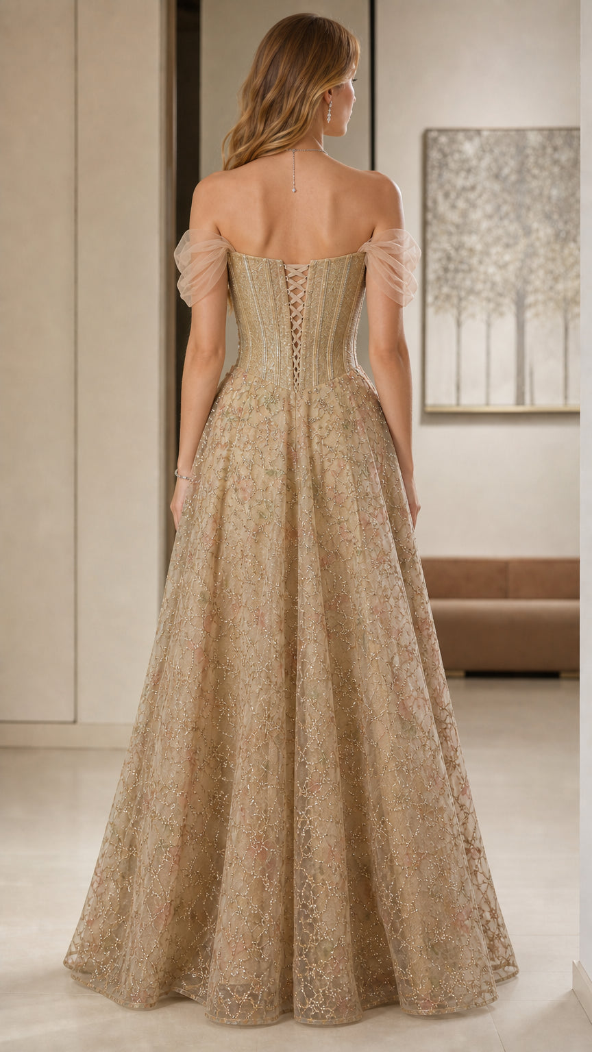 Champagne gold evening gown back view showing lace-up corset detail
