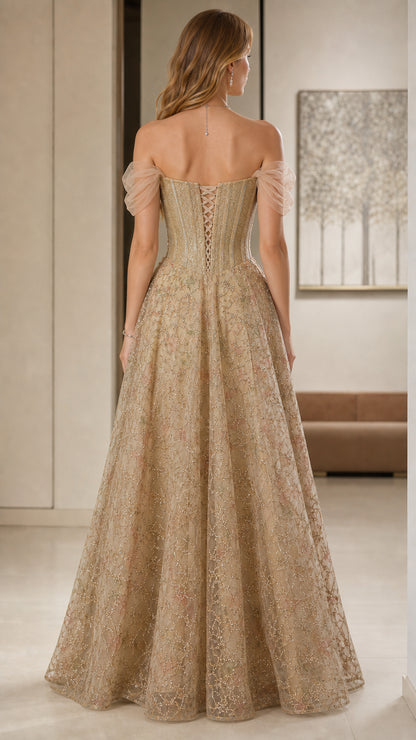 Champagne gold evening gown back view showing lace-up corset detail