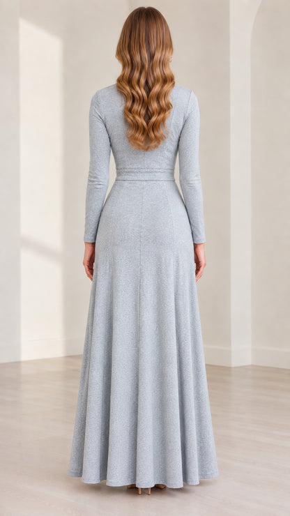 Back view of woman wearing Heather Grey knit long sleeve maxi dress