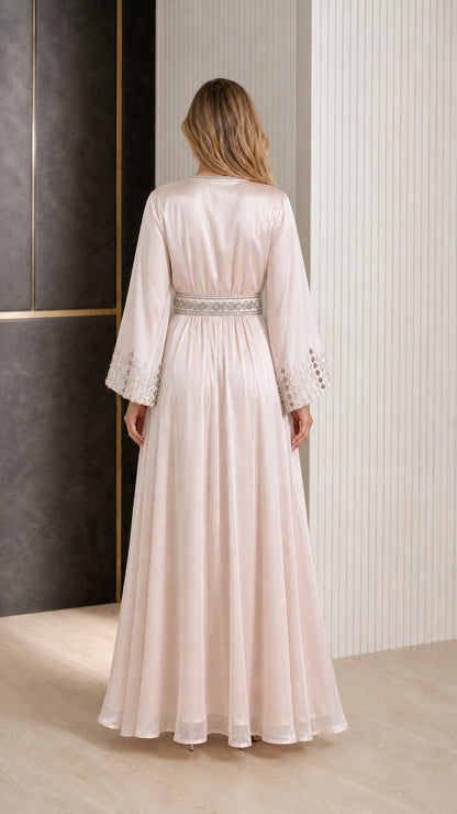Back view of Champagne satin kaftan maxi dress