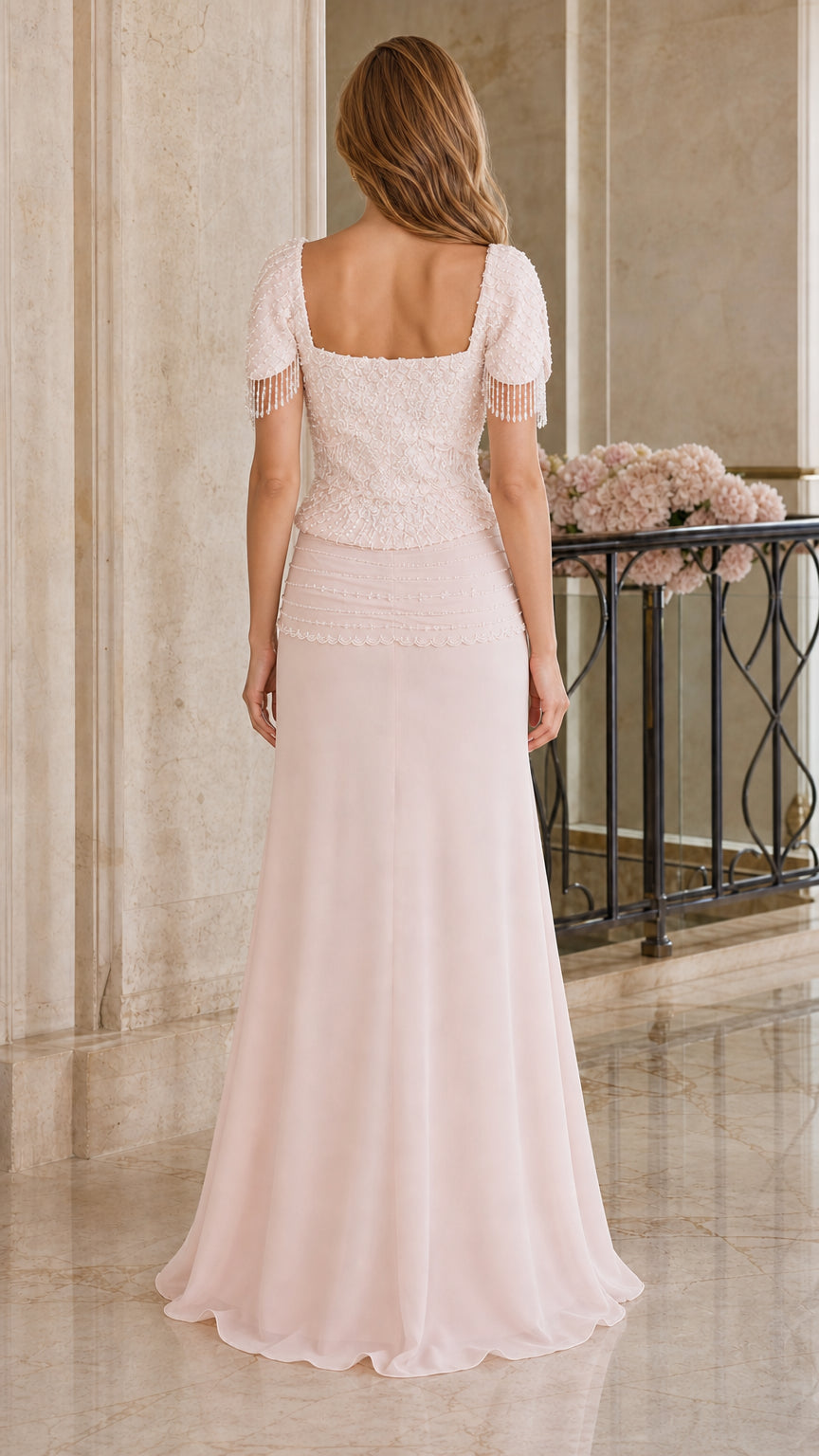 Back view of blush pink beaded lace evening dress with square backline