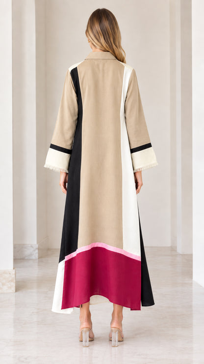Back view of model showing Khaki and contrast color block maxi dress panels