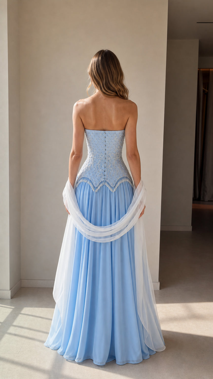 Back view of light blue formal strapless evening gown showing corset detailing and draped shawl