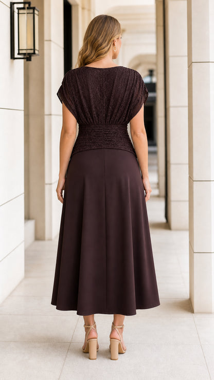 Back view of model wearing chocolate brown ruched back A-line midi dress