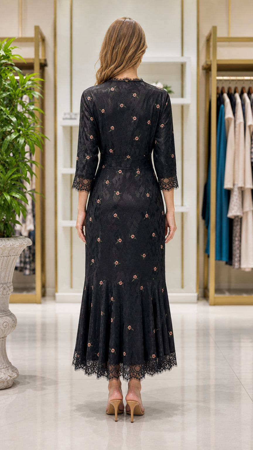 Back view of woman wearing black lace-trimmed jacquard midi dress