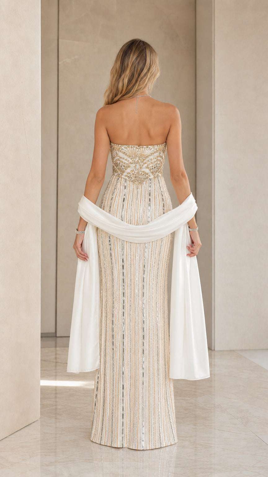 Champagne strapless floor-length evening dress with shawl - back view