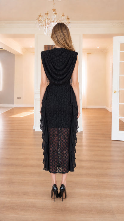Back view of black lace cowl draped midi dress