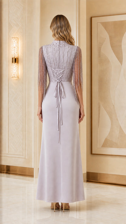 Back view of lavender evening dress showing lace-up back and long column skirt