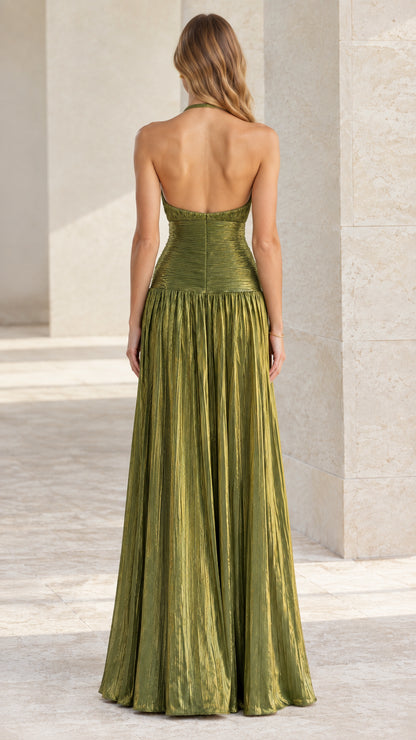 Rear view showcasing low open back design of olive green formal maxi dress
