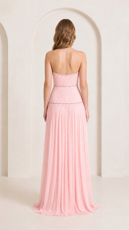 Back view of strapless blush pink evening dress with delicate ruched detailing