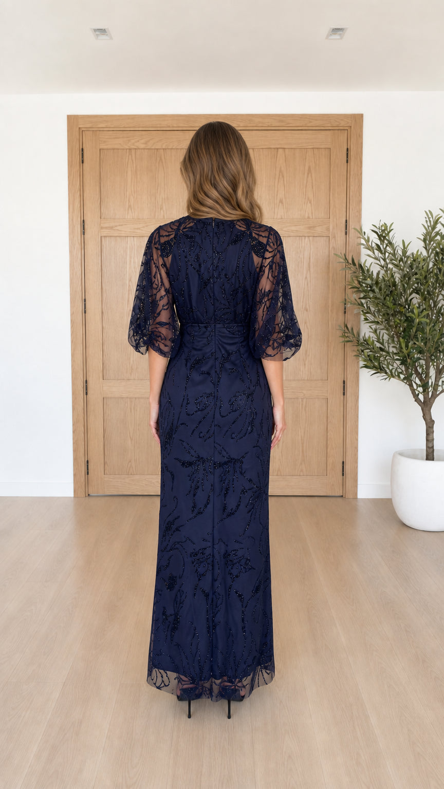 Navy blue embroidered long gown back view
