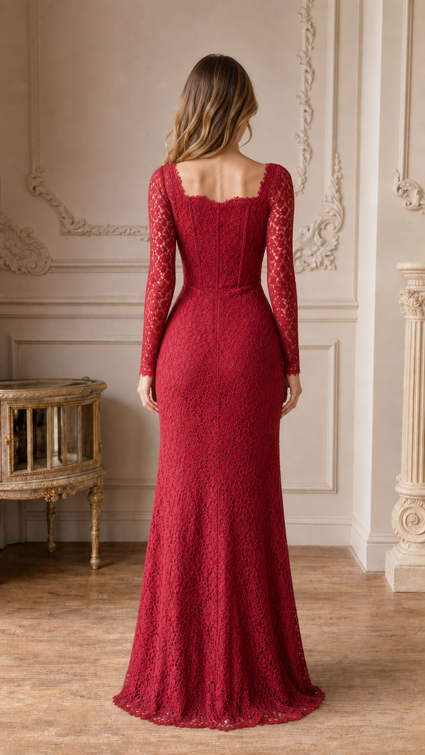 Back view of burgundy lace maxi dress with long sleeves and square back