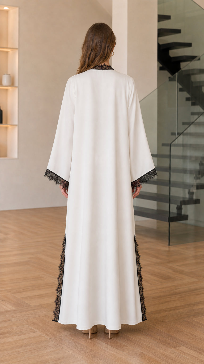 Back full-length view of off-white open-front maxi kimono cardigan with lace cuffs
