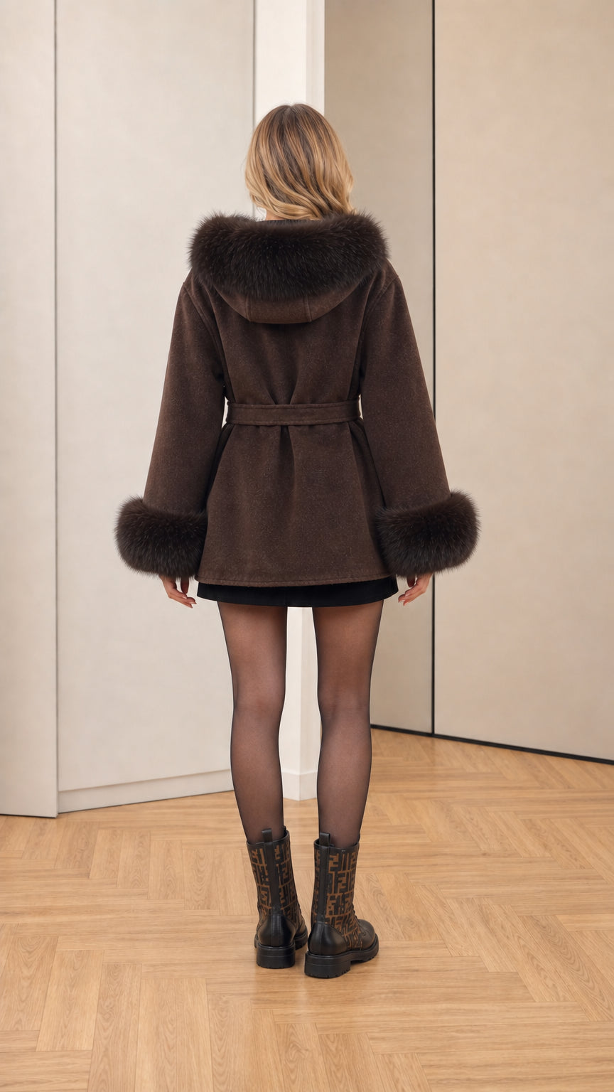 Back view of chocolate brown hooded belted coat showing hood and waist belt