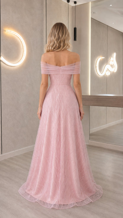 Blush Pink off-the-shoulder evening gown back view
